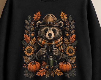 Sudadera de oso otoñal, sudadera de cuello redondo con oso del bosque, sudadera para amantes de la vida silvestre, camiseta de naturaleza otoñal, suéter acogedor de calabaza con oso
