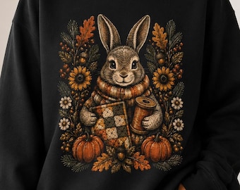 Fall Quilting Bunny Sweatshirt, Woodland Rabbit Crewneck, Sewing Gift, Autumn Bunny, Quilter Gift, Cottagecore Animal