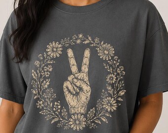 Camiseta con símbolo de paz floral, camiseta con símbolo de paz botánico, camiseta de protesta bohemia vintage, estampado de paz con flores silvestres, camiseta antibélica