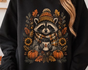Sudadera de mapache de otoño, sudadera acogedora de cuello redondo con mapache de otoño, sudadera de animales del bosque, mapache de café con calabaza, regalo para amantes de los mapaches