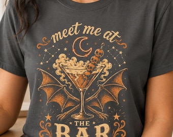 Vintage Halloween Cocktail Shirt, Spooky Bar Tee, Bat Martini Graphic, Retro Fall Drinking Shirt, Witchy Happy Hour Top