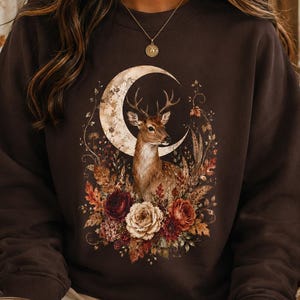 Woodland Deer Sweatshirt, Moon Floral Fall Pullover, Autumn Nature Shirt, Cottagecore Wildlife Top