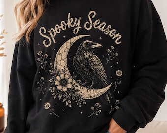 Spooky Season Raven Sweatshirt, Gothic Crow Crewneck, Witchy Moon Floral Sweatshirt, Dark Academia Halloween Pullover