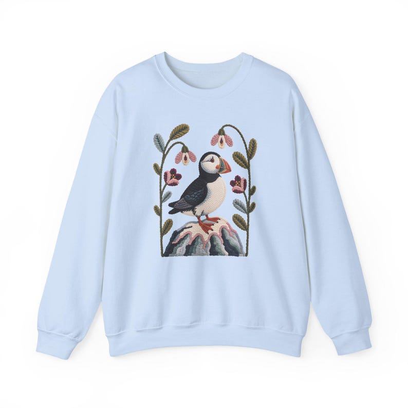 Faux Yarn Art Puffin Sweatshirt, Coastal Bird Sweater, Nordic Nature Crewneck, Ocean Wildlife Winter Apparel image 6
