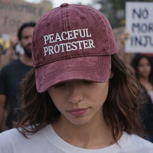 May include: A burgundy baseball cap with the words "PEACEFUL PROTESTER" embroidered in white. The cap is worn by a person in a crowd, suggesting a protest or demonstration.