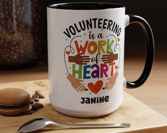 Taza de regalo personalizada para voluntarios. Regalo de agradecimiento por el voluntariado. Taza de café con acento multicultural para voluntarios (11, 15 oz).