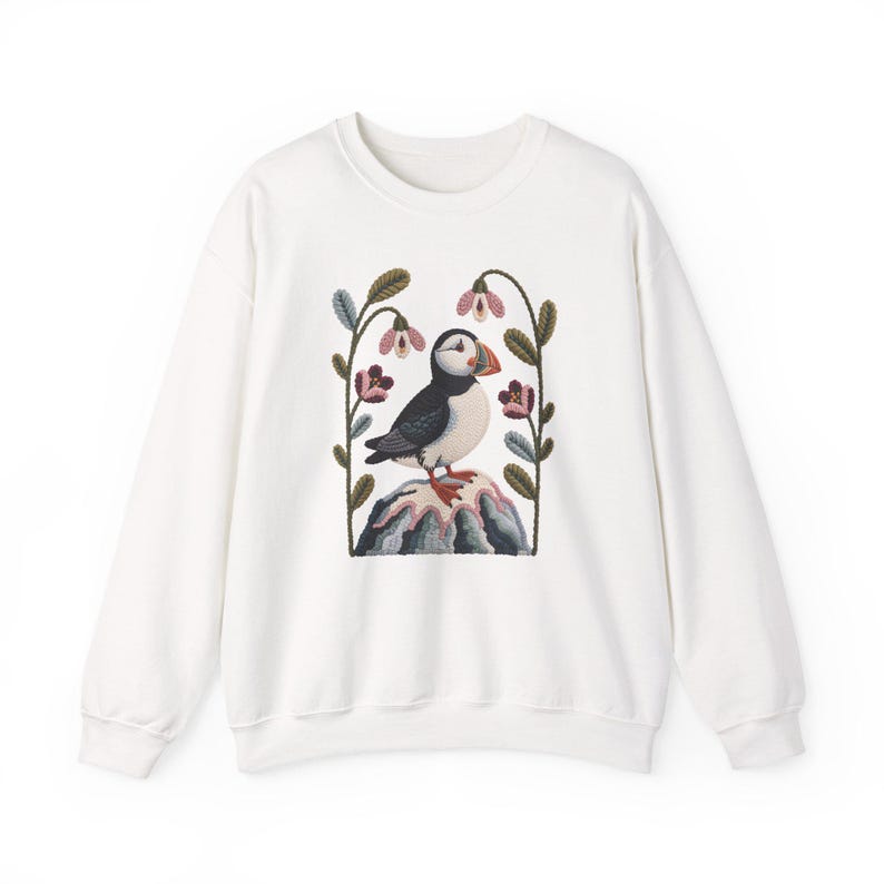 Faux Yarn Art Puffin Sweatshirt, Coastal Bird Sweater, Nordic Nature Crewneck, Ocean Wildlife Winter Apparel image 7