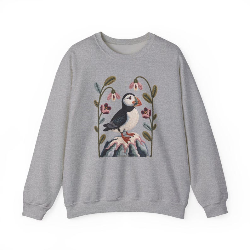 Faux Yarn Art Puffin Sweatshirt, Coastal Bird Sweater, Nordic Nature Crewneck, Ocean Wildlife Winter Apparel image 3