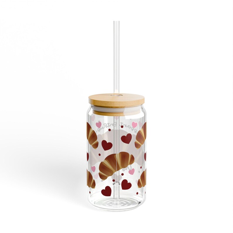Regalo personalizado para amantes de los croissants, lata de vidrio, regalo para chef pastelero, vaso de vidrio con sorbete, taza de vidrio para entusiastas de los croissants, vaso con sorbete de 16 oz imagen 5