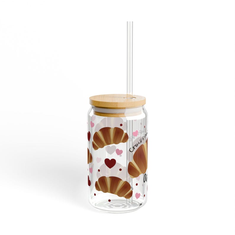 Regalo personalizado para amantes de los croissants, lata de vidrio, regalo para chef pastelero, vaso de vidrio con sorbete, taza de vidrio para entusiastas de los croissants, vaso con sorbete de 16 oz imagen 4