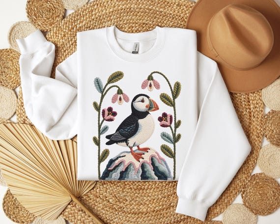 Faux Yarn Art Puffin Sweatshirt, Coastal Bird Sweater, Nordic Nature Crewneck, Ocean Wildlife Winter Apparel