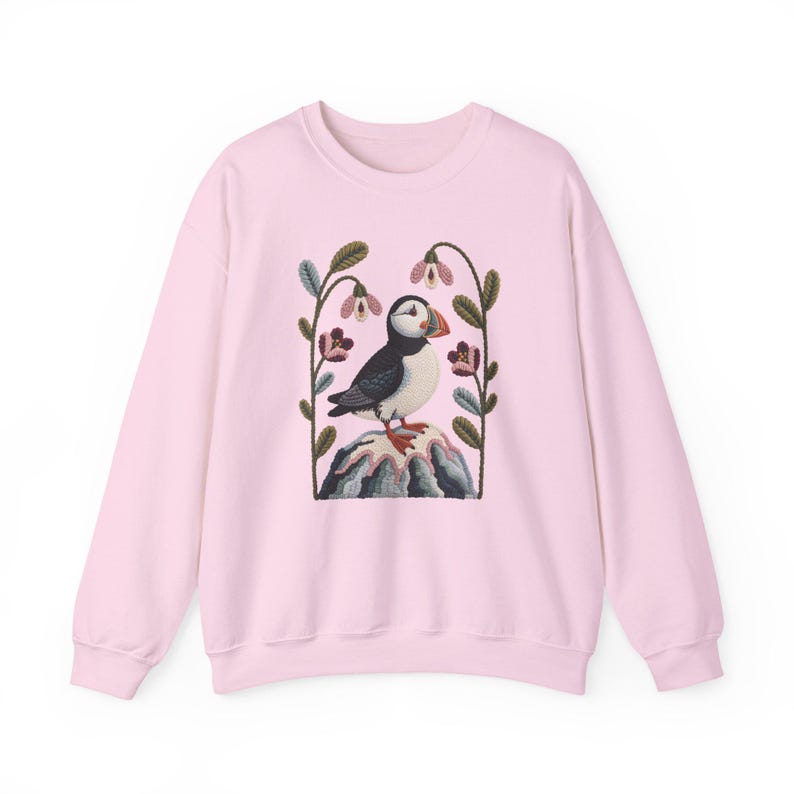 Faux Yarn Art Puffin Sweatshirt, Coastal Bird Sweater, Nordic Nature Crewneck, Ocean Wildlife Winter Apparel image 5