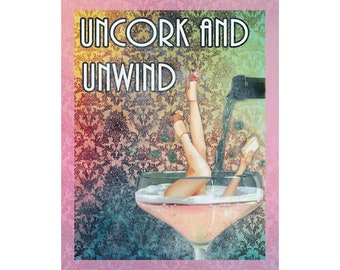 Uncork and Unwind Pin Up Prosecco Champagne Girl - Enamel Metal TIN SIGN Wall Plaque