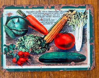 Vintage Vegetables carrot sweetcorn radish - Vintage Look Enamel Metal TIN SIGN Wall Plaque