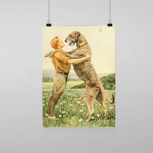 Puede incluir: Una ilustración vintage de un niño pequeño abrazando a un gran perro lobo irlandés. El perro está de pie sobre sus patas traseras y el niño lo tiene abrazado por el cuello. Ambos están en un campo de flores.