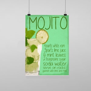 Puede incluir: Un póster verde y blanco con la palabra "MOJITO" en letras grandes escritas a mano. El póster incluye una receta para un cóctel mojito, con los ingredientes enumerados en blanco: 4 partes de ron blanco, 3 partes de jugo de lima, 6 hojas de menta, 2 cucharaditas de azúcar, agua con gas, servir con hielo, adornar con lima y menta. El póster también presenta un vaso de mojito con lima y menta.