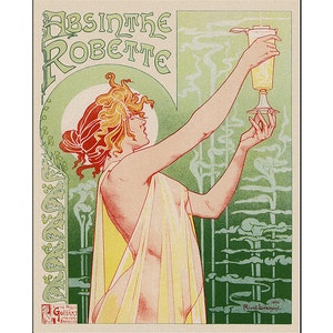 Puede incluir: Un cartel vintage que anuncia Absinthe Robette, con una mujer vestida con un vestido blanco fluido sosteniendo un vaso de absenta. El cartel es verde y amarillo con un borde decorativo.