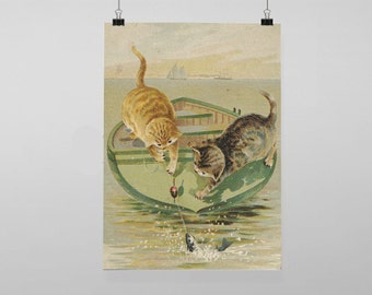 Cat Boat Fishing - Vintage Reproduction Wall Art Decro Decor Poster Print Any size