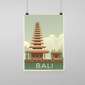 Puede incluir: Un póster de estilo vintage con fondo verde que presenta un templo marrón con un techo escalonado y la palabra "BALI" en texto blanco.