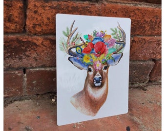 Stag Deer Floral Flowers Woodland Illustration - Vintage Look Enamel Metal TIN SIGN Wall Plaque