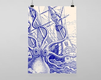 Blue octopus kraken nautical - Vintage Reproduction Wall Art Decro Decor Poster Print Any size