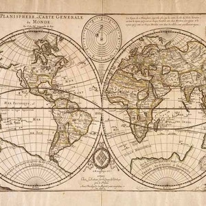 May include: An antique world map printed on paper with a brown background. The map is divided into two hemispheres, with the Americas on the left and Europe, Asia, and Africa on the right. The map is surrounded by a decorative border and includes a compass rose and a scale bar.