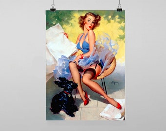 Pin up gil elvgren Dog Poodle Garden Wind - Wall Art Decro Decor Poster Print Any size