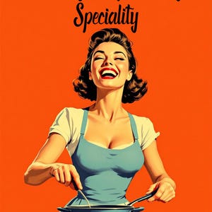 May include: Illustration of a woman in a blue apron stirring a pot on a stove, with the text "Stirring the pot is my Speciality" in black script against an orange background. A yellow fruit sits on a yellow plate.