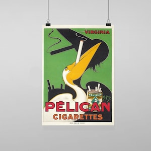 Puede incluir: Un cartel vintage que anuncia cigarrillos Pelican. Un pelícano de dibujos animados con un pico amarillo fuma un cigarrillo. El texto del cartel dice "Virginia Pelican Cigarettes".