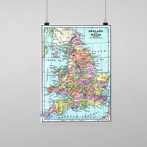 Gran Bretaña Inglaterra y país de Gales mapa - Vintage reproducción pared arte Decro decoración cartel imprimir cualquier tamaño