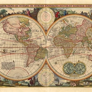 Puede incluir: Un mapa del mundo vintage con una ilustración detallada de los continentes y océanos. El mapa está rodeado por un borde decorativo con figuras y animales. El título "ORBIS TERRARUM TYPUS DE INTEGRO IN PLURIMIS EMENDATUS, AUCTUS, ET ICUNCULIS ILLUSTRATUS" está impreso en la parte superior.