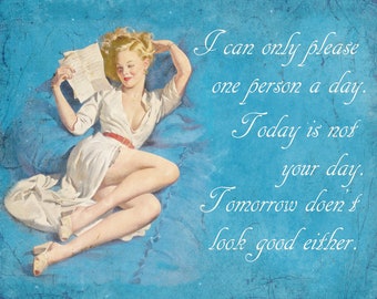 I can only please one person a day Today is not your day  PIn Up Girl Sexy Enamel Metal TIN SIGN Wall Plaque