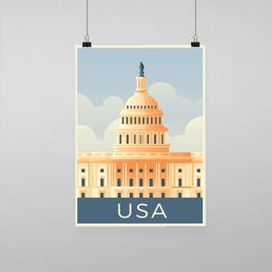 Puede incluir: Un cartel de viaje de estilo vintage con una ilustración estilizada del edificio del Capitolio de los Estados Unidos en Washington, D.C. El edificio está representado en tonos naranja y amarillo sobre un cielo azul claro con nubes blancas. El texto "USA" está impreso en blanco sobre una pancarta azul en la parte inferior del cartel.