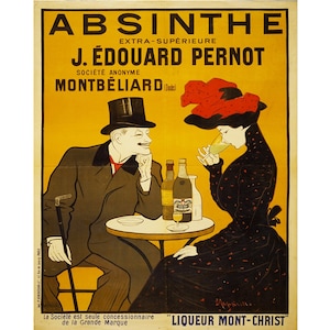 Puede incluir: Un anuncio vintage para Absinthe Extra-Supérieure J. Édouard Pernot, una empresa de licores con sede en Montbéliard, Francia. El anuncio presenta a un hombre y una mujer sentados a una mesa con botellas de absenta. El texto del anuncio dice "Absinthe Extra-Supérieure J. Édouard Pernot Société Anonyme Montbéliard "Licor Mont-Christ" "