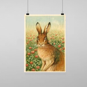 Puede incluir: Una ilustración vintage de un conejo marrón sentado en un campo de trébol verde con flores rosas. El conejo está mirando directamente al espectador.