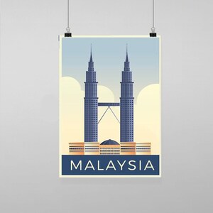 Puede incluir: Un póster de estilo retro con una ilustración azul de las Torres Petronas en Kuala Lumpur, Malasia. El póster tiene un fondo azul claro con nubes blancas y la palabra "MALASIA" en azul en la parte inferior.