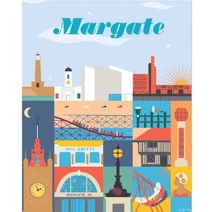 Puede incluir: Una ilustración colorida de la ciudad costera de Margate, Inglaterra. La ilustración presenta un faro, una montaña rusa, una torre del reloj, una playa y un muelle. El texto "Margate" está escrito en letras grandes azules en la parte superior de la ilustración.