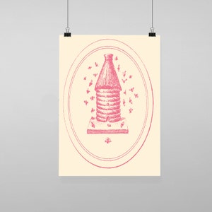 Puede incluir: Una ilustración vintage rosa de una colmena con abejas volando a su alrededor. La colmena está en un círculo con un borde decorativo.