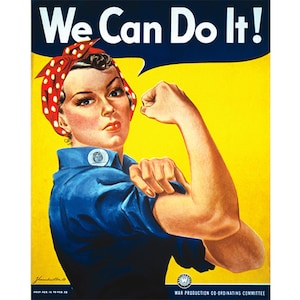 Puede incluir: Un cartel vintage de la época de la Segunda Guerra Mundial con una mujer con un pañuelo rojo y una camisa azul flexionando su bíceps. El cartel tiene el texto "We Can Do It!" en letras blancas sobre un fondo azul. El cartel está sobre un fondo amarillo.