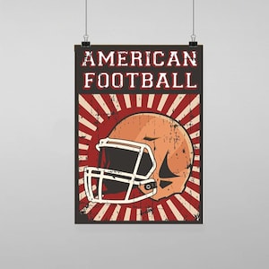Puede incluir: Un póster de estilo vintage con un esquema de color rojo, blanco y negro. El póster presenta un casco de fútbol con un aspecto desgastado y el texto "AMERICAN FOOTBALL" en letras blancas y negritas.