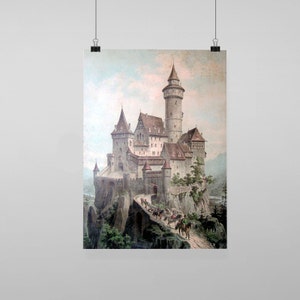 Puede incluir: Una pintura de acuarela de un castillo medieval encaramado en lo alto de un acantilado rocoso. El castillo tiene una torre alta y varias torres más pequeñas, con un puente que conduce a la entrada. El castillo está rodeado de árboles verdes exuberantes y un camino sinuoso.