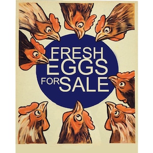 May include: A vintage poster advertising fresh eggs for sale. The poster features a blue circle with the text 