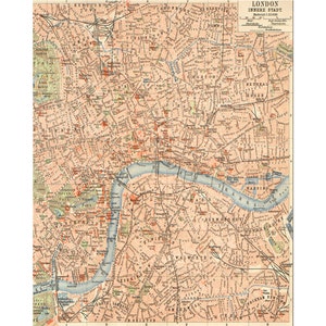 Puede incluir: Un mapa vintage de Londres, Inglaterra, que muestra el centro de la ciudad. El mapa está impreso en blanco y negro con acentos rojos y azules. El mapa muestra el río Támesis serpenteando por la ciudad. El mapa está titulado "Innere Stadt London" e incluye la escala "Massstab 1:25000".