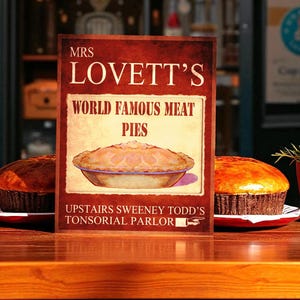 Mrs Lovett&#39;s World Famous Meat Pies Sweeny todd Sign - Vintage Enamel Metal TIN SIGN Wall Plaque