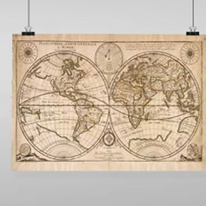 Puede incluir: Una impresión de mapa del mundo antiguo en tonos marrones y beige. El mapa está dividido en dos hemisferios, mostrando las Américas a la izquierda y Europa, Asia y África a la derecha. El mapa está rodeado por un borde decorativo.
