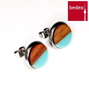 Wooden stud earrings with synthetic resin turquoise 12 mm