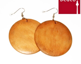 Round vintage wooden earrings in brown 50 mm in size