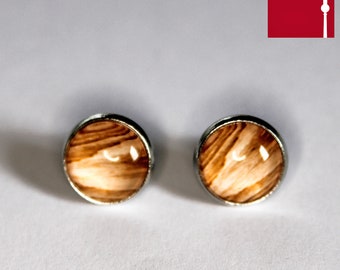 Cabochon glass stud earrings in wood look 12 mm