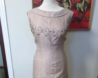 Mid-century peach satin & lace-effect cowl neck wiggle dress with beaded swirl detail to bust, size 10-12