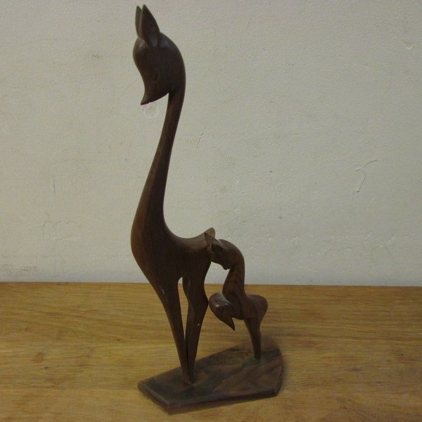 1960s wooden doe with fawn carved figurine